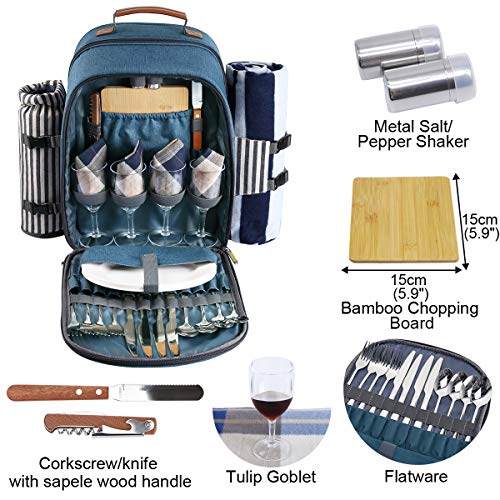 Sunflora Picnic Backpack for 4 Person Set Pack with Insulated Waterproof Pouch for Family Outdoor Camping(Blue & Stripe) - color: Blue & Stripe, size: 4 person