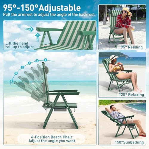 Suteck Backpack Beach Chair for Adults - 6-Position Folding Reclining Chair with Cooler Bag & Cup Holder, Lightweight Portable Beach Chair for Camping, Outdoor, Sand, Travel Use - color: Dark Green & White