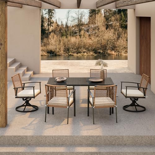 LAUSAINT HOME 7 Pieces Patio Dining Set, Outdoor Furniture Set of 6 Wicker Chairs (2 of Them Swivel) with Soft Cushion and Iron Slats Table Top with Umbrella Hole, Conversation Set for Backyard - color: Pe Rattan Black Fixed+swivel Chairs, size: 7-Piece