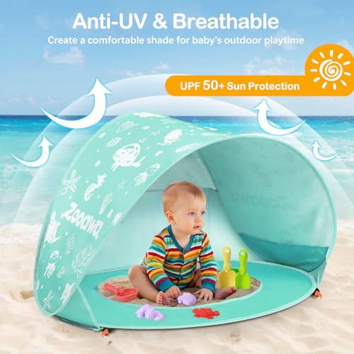 Baby Beach Tent, Pop Up Beach Tent Sun Shade for Beach, Portable Shade Pool UV Protection Sun Shelter for Infant with Beach Sand Toys Set - color: Patterned Mint Green