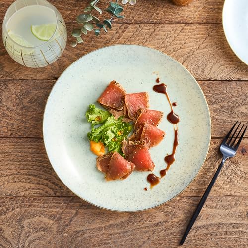 PLASTICPRO 32 Pack Elegant Disposable Plastic Plates Combo Set Includes 16 Dinner Plates and 16 Salad Plates Heavy Duty Fancy Party Plates Green Granite Plates with Gold rim - color: Granite Collection Green With Gold Rim