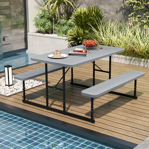 Giantex Picnic Table Bench Set for 4 People, 4.5FT Outdoor Rectangular Dining Table & 2 Benches w/Umbrella Hole, HDPE Tabletop, Metal Frame, Patio Garden Backyard Poolside (4.5FT,Non-Foldable,Gray) - color: Grey, size: Rectangle-54"x28"x30"