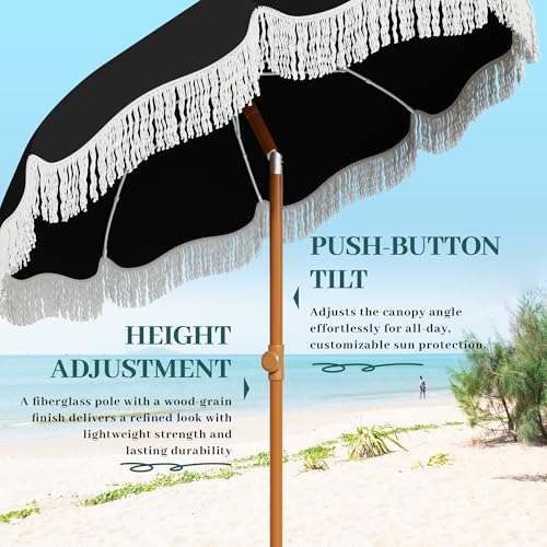 AreShark 7ft Patio Umbrella with Fringe, UPF50+ Beach Umbrella for Table, Pool & Garden, Portable Outdoor Tassels Umbrella w/Fiberglass Ribs&Push Bottom Tilt(Black) - color: Black, size: 7FT