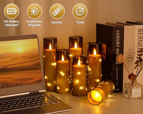 Enido Flameless LED Candles with Remote & Timer, Battery Operated Acrylic Pillar Set, 10 Pc Flickering Electric Lights with Embedded Star String for Cozy Home & Holiday Romantic Decor (Matte Grey) - color: Brown