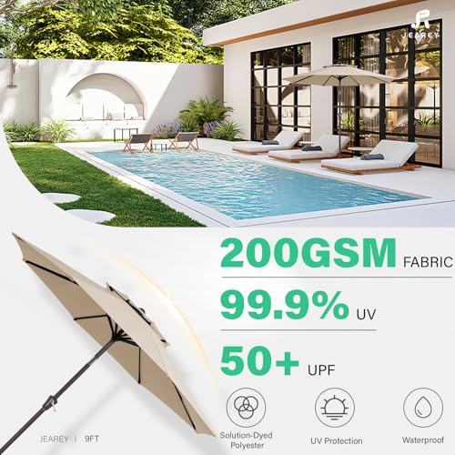 JEAREY 9 ft 2-Tiers Patio Umbrellas Outdoor Table Market Umbrella w/Push Button Tilt/Crank, 8 Sturdy Ribs, UV Protection Waterproof Sunproof(Beige) - color: Beige