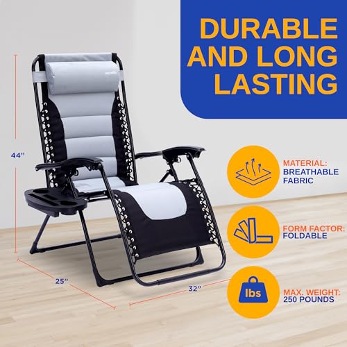 SereneLife Padded Zero Gravity Lounge Chair - Reclining Patio Chairs - Outdoor Lounge Chairs with Detachable Cup Holder Tray - Folding Recliner Chair with Removable Pillows - 1, Gray and Black - color: Grey