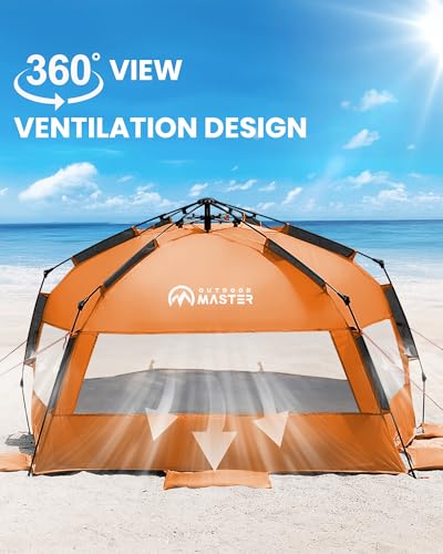 OutdoorMaster Beach Tent Sun Shelter for 3-4 Person, Pop Up Beach Tent Easy Setup with Sandbags, Portable Sun Shade Canopy with Carrying Bag for Beach & Outdoor, UPF50+ UV Protection, Family Size - color: Orange, size: X-Large