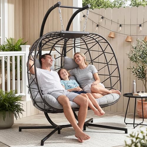 BLUEXYARD 2 Person Wicker Egg Chair with Stand, Extra Large Hanging Swing Hammock Chair Outdoor, Comfortable Patio Double Loveseat with Cushion for Backyard Balcony Indoor, Light Grey - color: Grey/Light Grey, size: 2 Seats (No Cover)