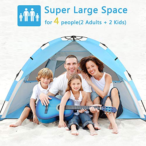 G4Free Deluxe XL Pop Up Beach Tent, 3-4 Persons Easy Setup Sun Shelter Canopy with UPF 50+ UV Protection Extral Wide 70.9 in - color: Large New Light Blue