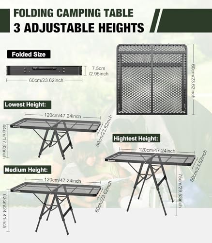 Raynesys Foldable Grill Table with Mesh Desktop, 200lbs 4Ft Portable Folding Table, Height Adjustable Metal Table for Ourdoor, Camping, Picnic, BBQ and Beach, RV, 47.24" L x 23.62" W - size: XL(4Ft-47.24" x 23.62" x 17.32"/24.41"/29.53")