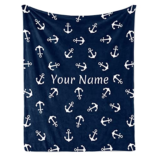 Jekeno Custom Nautical Anchor Blanket with Name Gifts for Women Kids Boys Men Dad Husband Son Sea Adventure Ocean Theme Throw Soft Cozy Lightweight Blankets Navy Blue 50"x60" - color: Personalized Anchor, size: 50"x60"