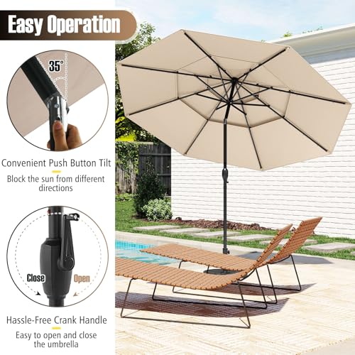 Tangkula 10 FT Solar LED Patio Umbrella, 3-Tier Vented Outdoor Market Table Umbrella with 32 LED Lights, Tilt Adjustment, Crank Handle, 8 Ribs for Backyard Pool Deck (Beige) - color: Beige