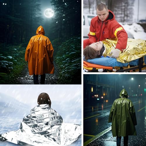 4X Survival Gear kit, Emergency Poncho (2pc), Emergency Space Blanket (2pc), Mylar Liner - Retains 92% Body Heat, for Outdoors, Hiking, Camping, Bug Out Bag, Marathons or First Aid, Car (Green) - color: Green