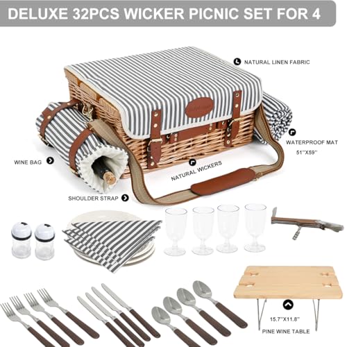 Multifunctional Wicker Picnic Basket Set for 4 with Blanket and Picnic Table, Insulated Picnic Set with Full Tablewares for Camping Outdoor Couples, Stripes - color: Stripes With Blanket &Table for 4