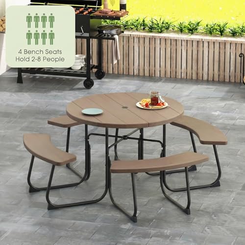 Tangkula 8 Person Picnic Table, Outdoor Round Picnic Table with 4 Built-in Benches, Umbrella Hole, Metal Frame & HDPE Tabletop, Outside Table and Bench Set for Backyard, 2300lbs Weight Capacity - color: Coffee
