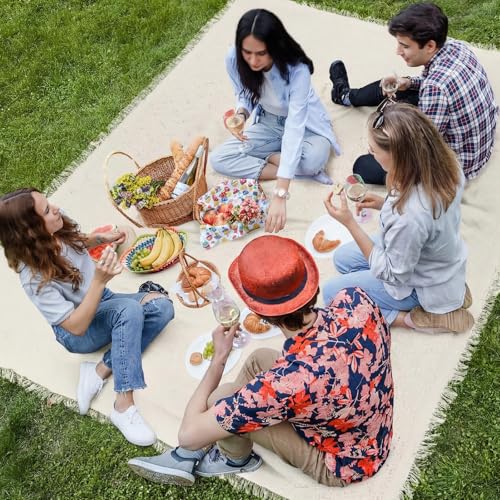 Hahafelt Extra Large Outdoor Picnic Blanket Oversize Beach Woven Cotton Yarn Blanket with Fringe Machine Washable Sandproof Portable for Spring Summer Camping Beach Park (Beige) - color: Beige