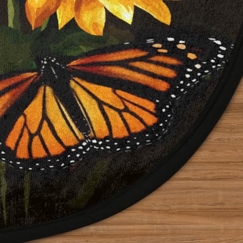 Butterfly Sunflower Round Area Rug, Sunflower Pattern Non-Slip Circle Rug for Bedroom Living Room Outdoor Study Playing Floor Mat Carpet, 3' Diameter - color: Butterfly Sunflower, size: 3' Diameter