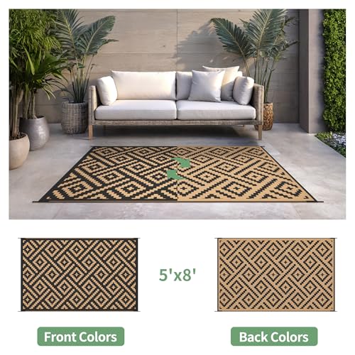 sarben Outdoor Rug for Patio - Waterproof Plastic Straw Camping Rugs 5x8 ft, Reversible Outdoor Indoor RV Mat Carpet for Patio, Porch, Deck, Balcony, Picnic, Beach, Black Brown - color: Black&brown, size: 5' x 8' (Rectangular)
