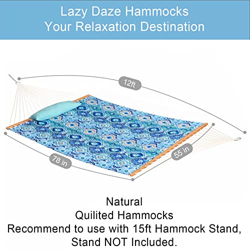 Lazy Daze Hammocks 12FT Quilted Fabric Hammock with Soft Pillow, Double 2 Person Tree Hammock with Spreader Bar for Outdoor Outside Patio Garden Yard Pool Beach, 450lbs Capacity - color: Floral Auqa