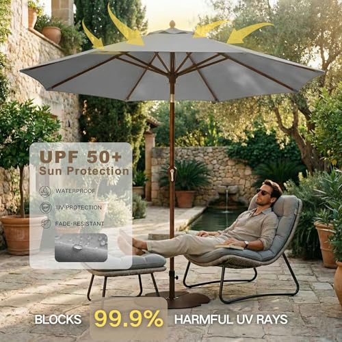 Kingdura 10FT Outdoor Patio Umbrella, Market Table Umbrella with Push Button Tilt and Crank, 8 Sturdy Fiberglass Ribs, UV Protection for Pool, Lawn, Deck, Backyard, Garden (Light grey) - color: Light grey, size: 10 Ft