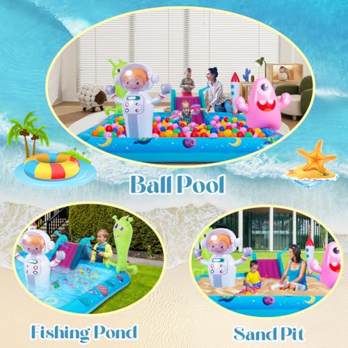 Inflatable Play Center Pool with Slide, Space Astronaut Square Kiddie Pool, 94.5" Square Outdoor Water Play Center with Sprinkler & Ring Toss for Summer Outdoor, Garden/Backyard Fun - size: 94.5"