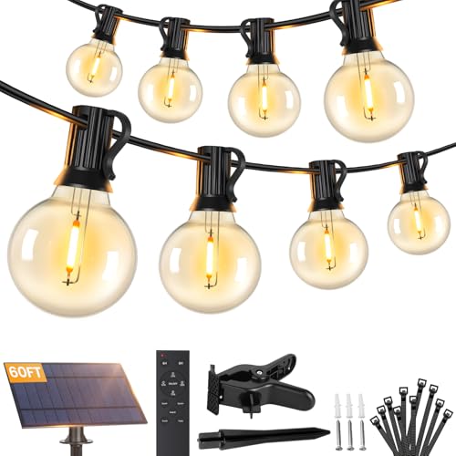 Brightever Solar String Lights Outdoor with Remote, 60FT 25+1 LED G40 Bulbs Shatterproof Patio Lights, IP65 Waterproof Dimmable Hanging Solar Power Globe LED Outdoor Lights for House, Market, Bistro - size: 60FT