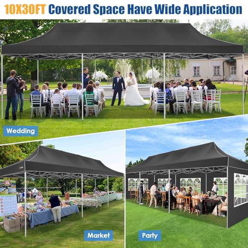 HOTEEL 10x30 Heavy Duty Pop up Canopy Tent for Parties with 8 Sidewalls, Easy Setup Outdoor Commercial Instant Gazebo for Wedding Event, with Portable Bag & Sand Bags, Black(Hexagonal Frame) - color: Black, size: 10x30FT (+8 Walls)