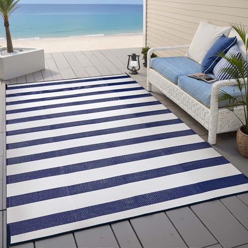 PureCozy Outdoor Waterproof Patio Rug 6x9 Plastic Straw Reversible Lightweight Outside Navy Blue Striped Large Carpet Outdoor for Camping RV Porch Deck Balcony Beach - color: Stripe | Navy Blue, size: 6' x 9' (Rectangular)