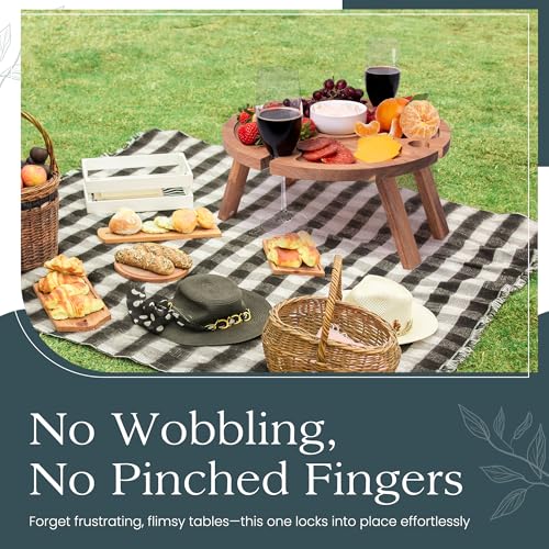 Portable Wine Picnic Table with 4 Wine Glasses Holder, Acacia Natural Wood Foldable Champagne Picnic Snack Table Tray, Perfect for Beach, Camping, Park, Concerts - Ideal Wine Gift for Men & Women