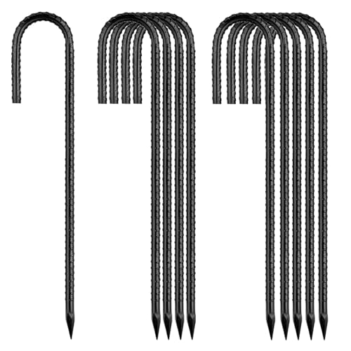 Ground-Stakes-Heavy-Duty-12 inch, J-Hook Rebar Stakes Black Coated Anti-Rust 10pcs Garden Stakes Metal Ground Anchors for Garden Dog Fence Chicken Coop Christmas Decorations Deer Fence - color: Black-J-HOOK, size: 10pcs