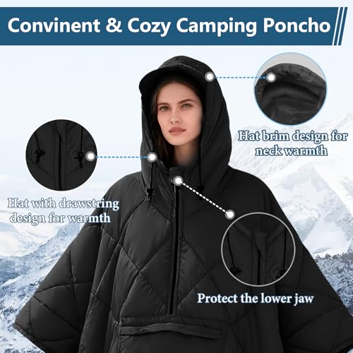 Camping Outdoor Blanket, Ultralight Down Alternative Printed Travel Camp Blankets for Sleeping Packable Waterproof Puffy Quilt for Hammock Picnic Stadium Beach Cold Weather (Black Blanket Poncho) - color: Black Blanket Poncho