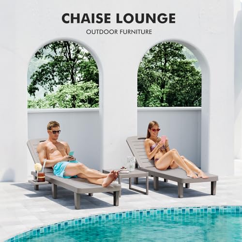 WACASA Outdoor Chaise Lounge Chairs Set of 4, Oversized Lounge Chairs with 5-Level Adjustable Backrest & Cup Holder, Resin Waterproof Pool Lounge Chair for Poolside, Patio, Beach, Yard, Gray - color: Grey, size: Set of 4