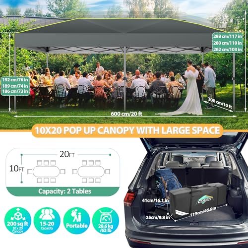 COBIZI 10x20 Pop Up Canopy Tent Ez Up Commercial Outdoor Canopy Wedding Party Tents with Center Lock Instant Folding Shelter with Reflective Strip, Air Vent & 4 Sandbags, (10'X20') Grey - color: Grey(1-year warranty), size: 10x20ft with No Sidewalls