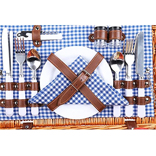 4 Person Wicker Picnic Basket Set, Large Willow Basket with Large Insulated Thermal Compartment, Free Waterproof Blanket & Cutlery Kit