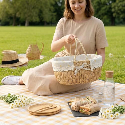 Wicker Picnic Basket with Folding Handles,Handwoven Water Hyacinth with Removable and Washable Lining,Oval Empty Basket for Toy,Flower,Wedding,Camping,Wine,Outdoor,Beach,Easter,Garden Picking