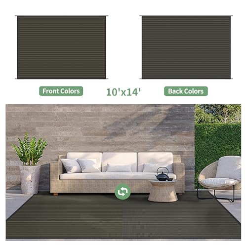 GENIMO Outdoor Rug 10x14 ft Waterproof, Reversible Plastic Straw Patio Rug for RV Camping Mat, Deck, Backyard Balcony Mat - Lightweight & Easy to Clean, Black & Brown - color: Blackbrown-w, size: 10' x 14' (Rectangular)