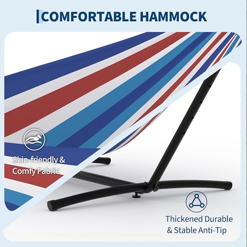 Double Hammock with Stand, 450lbs Capacity Heavy-Duty Steel Frame, Portable Space-Saving Design with Carry Bag for Indoor & Outdoor Use, Blue&White Red - color: Blue Red White Stripes
