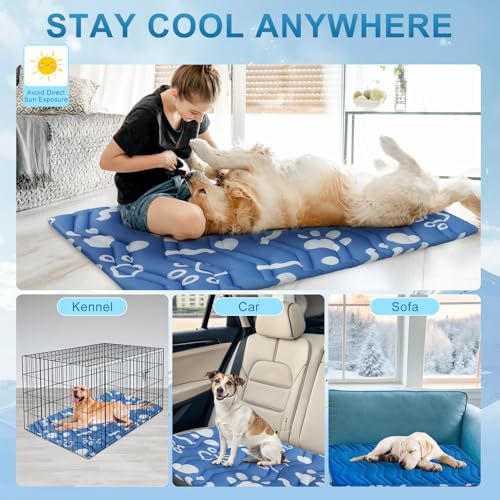 BEAUTYZOO Dog Cooling Mat- Upgraded Thicken Cooling Mat for Large Dogs Reversible(Cool & Warm) Pet Ice Cool Bed Washable & Portable, Summer Crate Pad for Big Dog Puppy Up to 44 lbs, Paw Blue 36X23IN - color: Navy Blue, size: 36.0"L x 23.0"W x 1.0"Th(M)