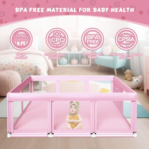 Fshibila 74" ×50" Large Baby Playpen, Baby Playard for Babies and Toddlers, Play Pens for Indoor & Outdoor, Sturdy Safety Play Yard with Soft Breathable Mesh, Anti-Fall, Pink - color: Pink, size: 74 x 50 IN