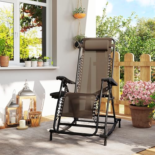 Outsunny Outdoor Rocking Chairs, Foldable Reclining Zero Gravity Lounge Rocker with Pillow, Cup & Phone Holder, Combo Design with Folding Legs, Brown - color: Brown, size: 1 Pack