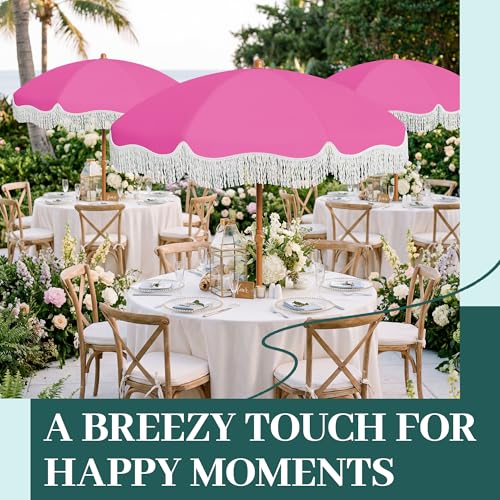 AreShark 7ft Patio Umbrella with Fringe, UPF50+ Beach Umbrella for Table, Pool & Garden, Portable Outdoor Tassels Umbrella w/Fiberglass Ribs&Push Bottom Tilt(Light Pink) - color: Light Pink, size: 7FT
