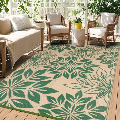 Waterproof Outdoor Rugs 5x8, Green Outdoor Plastic Straw Rug Double-Sided, Fade Resistant Patio Rug, Easy Cleaning RV Camping Mats Outside Carpet Portable for Balcony Porch Garden Deck Picnic - color: Green, size: 5' x 8' (Rectangular)