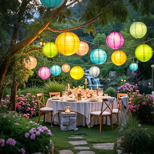 LIHAO 20PCS Colorful Paper Lanterns with Lights, Hanging Chinese Paper Lanterns for Party Decorations Weddings Birthday New Year Outdoor Home Indoor (8 inches) - size: 8 Inches