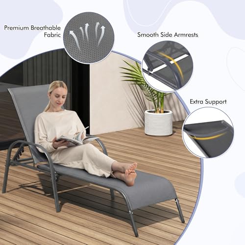Tangkula Lounge Chair Outdoor, Patio Chaise Lounge with Adjustable Backrest, Reclining Pool Lounge Chair for Outside with Heavy Duty Steel Frame, Suitable for Beach, Yard, Balcony, Poolside - color: Grey