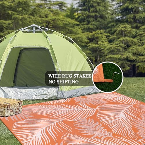 Pauwer Waterproof Outdoor Rug 6x9, Reversible Plastic Straw Patio Camping Rug, Indoor Outdoor RV Mat Carpet for Deck, Camper, Porch, Balcony, Backyard, Picnic, Leaf Orange - color: Leaf Orange, size: 6' x 9' (Rectangular)