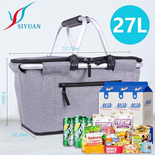 Picnic Basket, SIYUAN Collapsible Shopping Basket Insulated with 2 Handles 27L Large Cooler with Lid Portable Folding Grocery Market Tote Bag, Grey - color: Gray