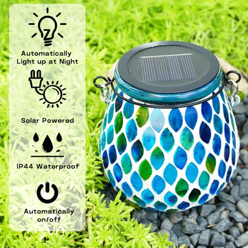 2 Pack Mosaic Blue Solar Lanterns, Outdoor Glass Hanging Lights, Waterproof, Solar Table Lamps, Christmas Gifts for Women Mom Grandma, Night Lights, Decoration for Garden, Patio, Yard, Outdoor Decor - style: 2 Pack Serene