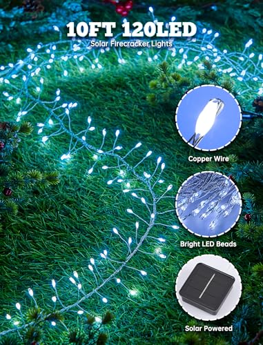 Brightown Solar Lights for Outside, 9.8Ft 120 LED Solar String Lights Outdoor Waterproof, 8 Modes Firecracker Balcony Light for Tree Patio Christmas Party Wedding Decor (Pure White) - color: Cool White, size: 9.8Ft