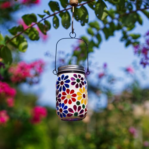 Stargarden Mosaic Solar Lantern ,Mosaic Lights ,Outdoor Hanging Jar Lights ,Waterproof Solar Lamps for Tree, Garden, Patio, Yard, Outdoor(Flower) - color: Bright Flower