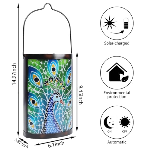 Hanging Solar Lantern Outdoor Waterproof Peacock Solar Lights Glass Tabletop Decorative Lamp for Outdoor Patio Garden Outside Yard Decor - style: New_Peacock